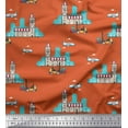 thumbnail image 1 of Soimoi Orange Poly Georgette Fabric Clock Tower,Airplane & Forklift Truck Transport Print Sewing Fabric Yard 52 Inch Wide, 1 of 1