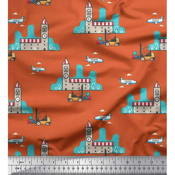 Soimoi Orange Poly Georgette Fabric Clock Tower,Airplane & Forklift Truck Transport Print Sewing Fabric Yard 52 Inch Wide