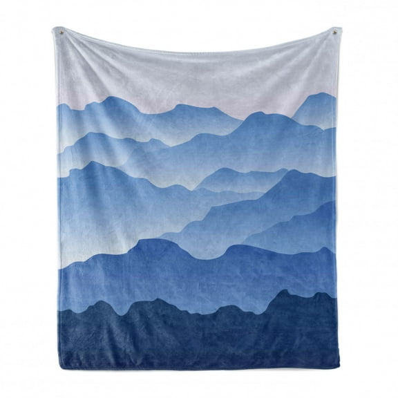 Mountain Soft Flannel Fleece Blanket, Nature Theme a Panoramic Silhouette of the Mountains in the Morning Illustration Print, Cozy Plush for Indoor and Outdoor Use, 60" x 80", Blue, by Ambesonne