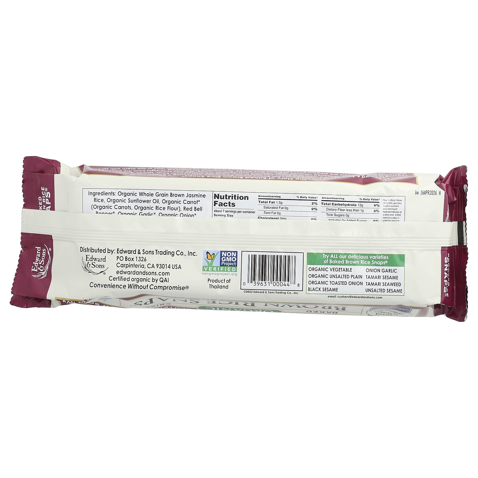 Edward And Sons Brown Rice Snaps, Vegetable, 3.5 Oz.