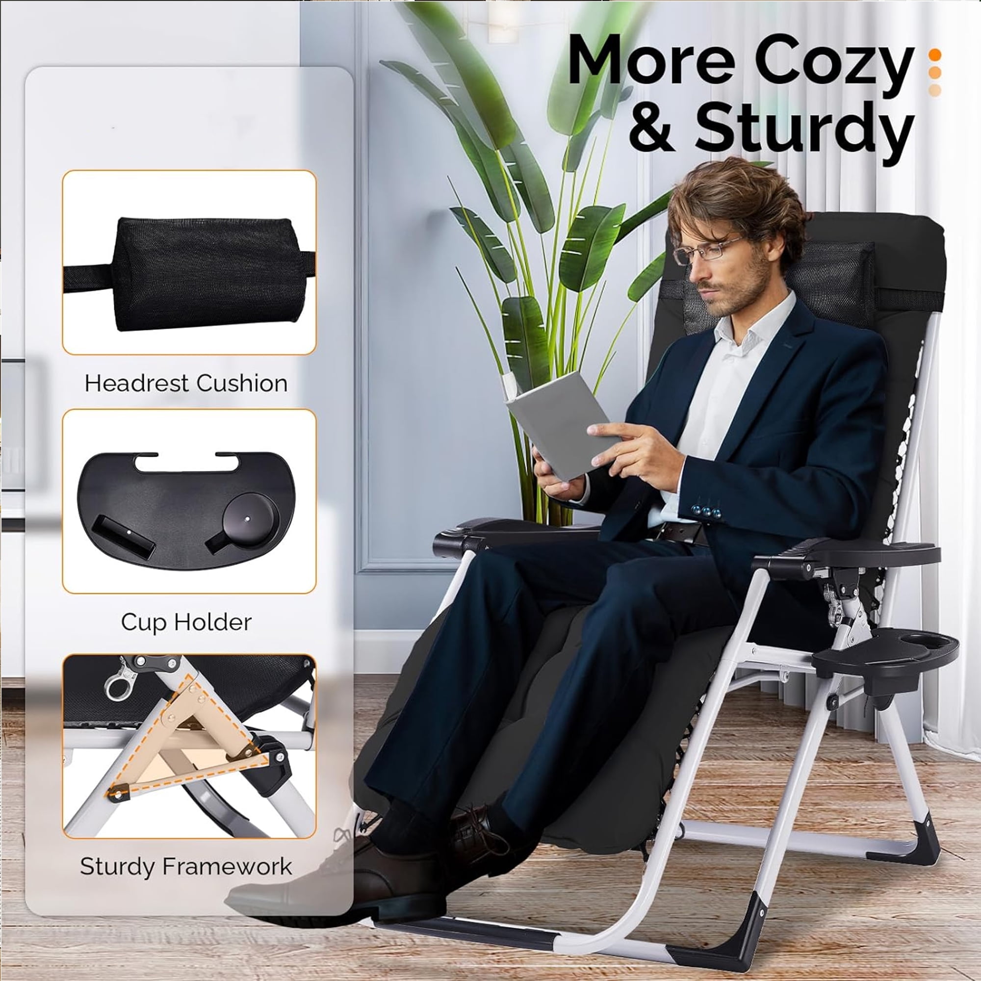 Betcozy Zero Gravity Chairs, Patio Folding Lawn Outdoor Lounge Gravity Camp Reclining Lounge Chair with Cup Holder Pillows for Poolside Backyard and Beach(Black)