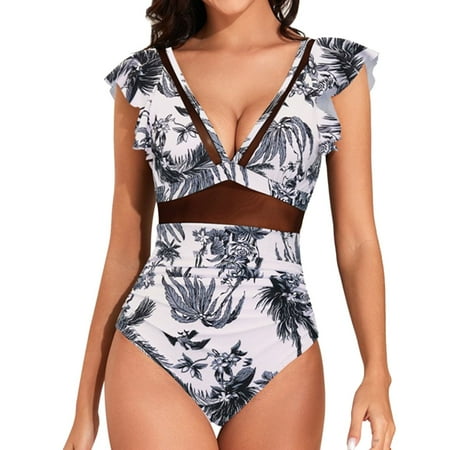 Womens Tummy Control Swimsuit V Neck One Piece Bathing Suits Slimming Lace-Up Ruffle Mesh Swimwear Women s Swimsuit with Chest Pad Without Bracket Cutout Patchwork Color Contrast Strap Cover White Xl