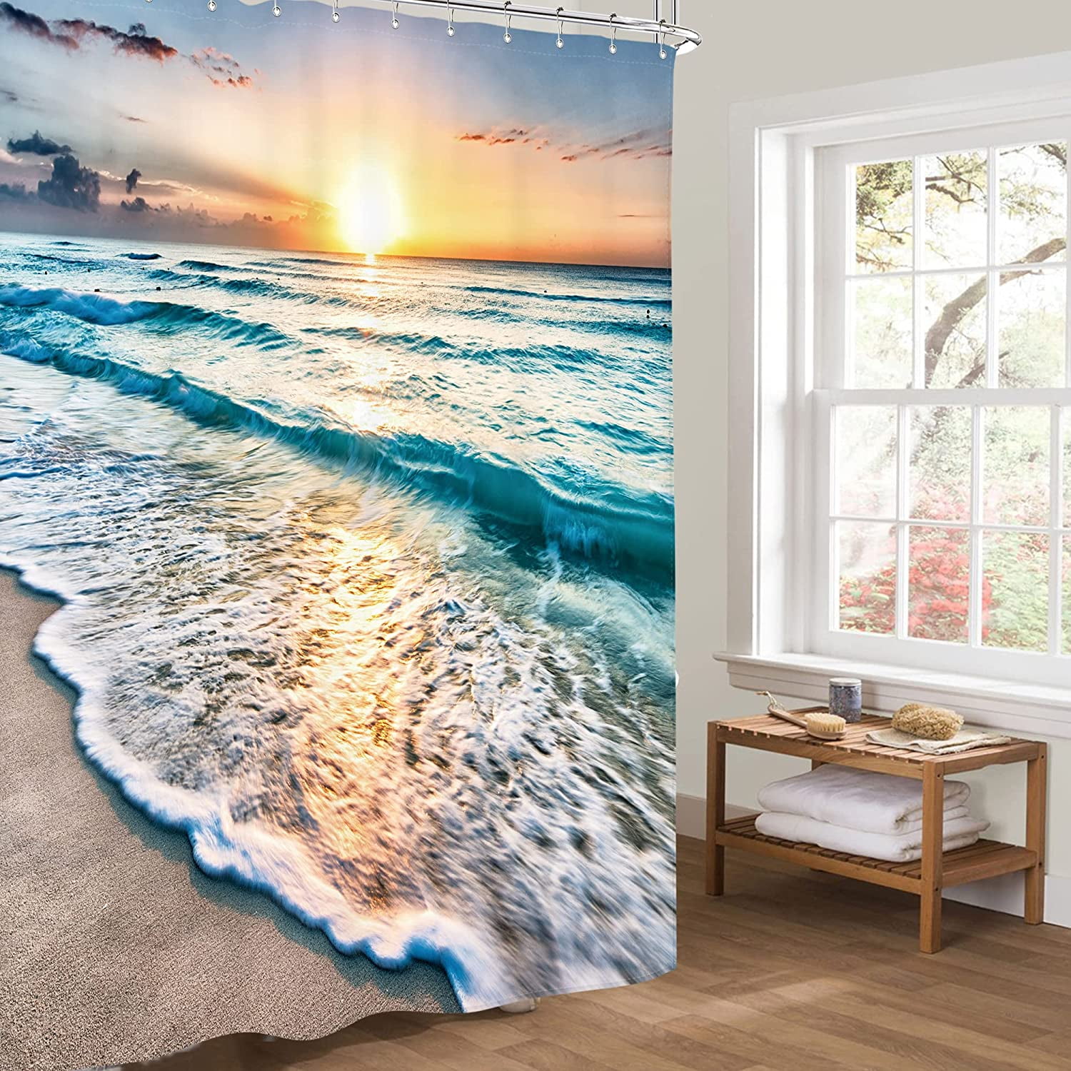 SPXUBZ Ocean Beach Shower Curtain Polyester Sunrise Sunset View 72x72 inch with12 Hooks Waterproof