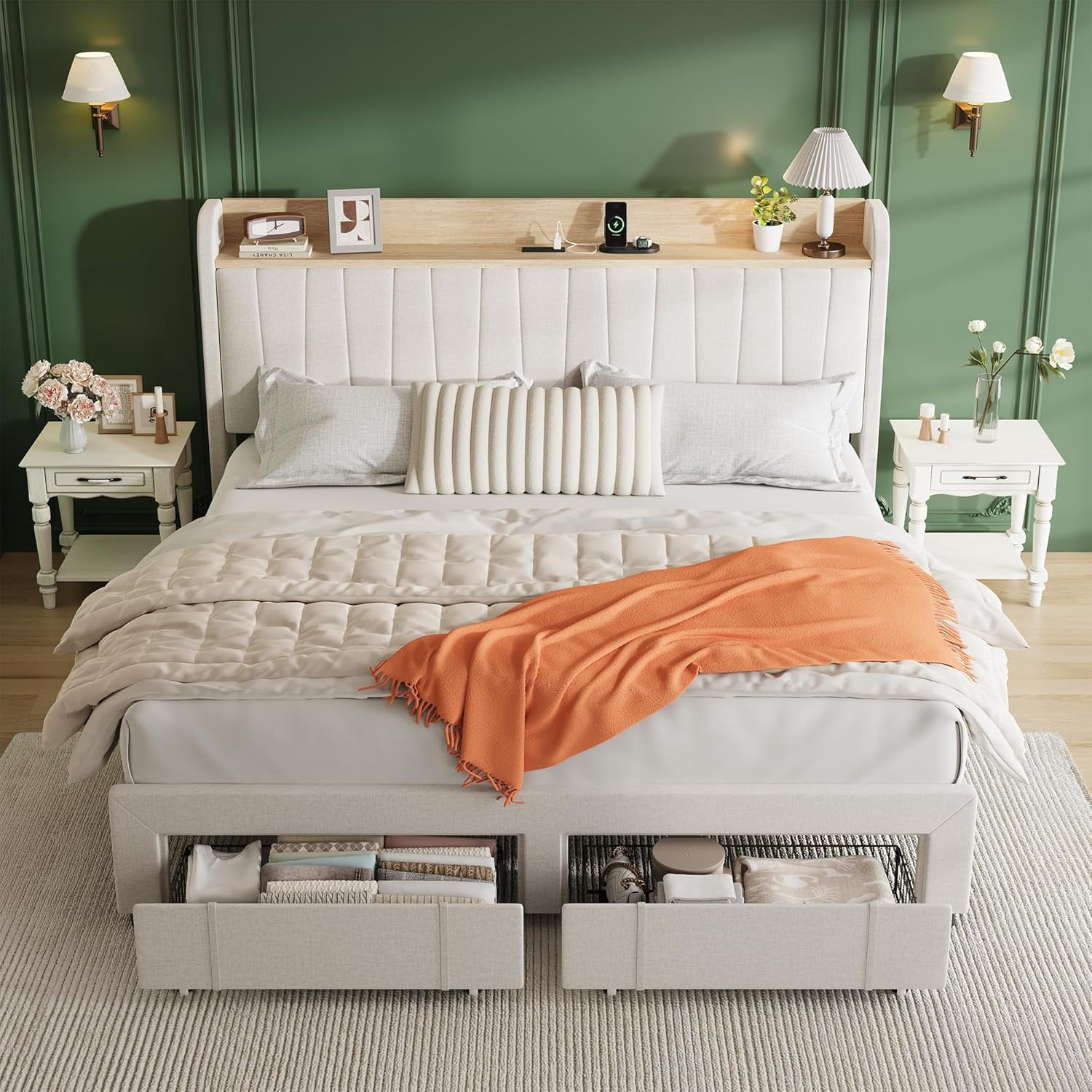King Size Bed Frame with Storage Headboard, Upholstered Platform Beds with Drawers, Charging Station, Noise-Free, No Box Spring Needed, Easy Assembly, Beige