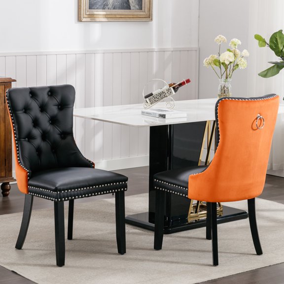 Contemporary Pu And Velvet Upholstered Dining Chair , 2, Black, , Wood Legs, Nailhead Trim, High, A&a Furniture Collection, Sw2101bo 2 Black Upholstery, Modern