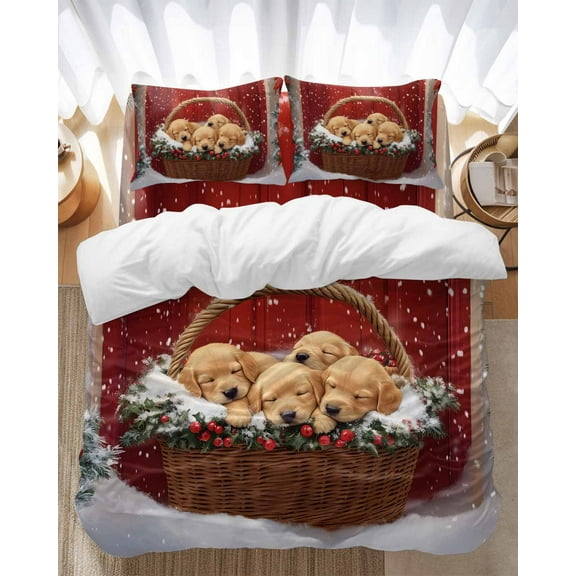 Winter Christmas Bedding Duvet Cover Set Twin Size 4 Pieces Golden Retriever Basket Red Front Door Bedding Set with Zipper Closure, 1 Comforter Cover 68x86 Inches 1 Flat Sheet & 2 Pillow Cases