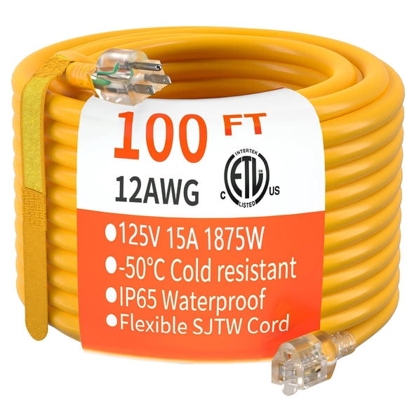 HUANCHAIN 100 ft 12/3 Gauge Heavy Duty Outdoor Extension Cord Waterproof with Lighted, Flexible Cold Weather 3 Prong Electric Cord Outside, 15A 1875W
