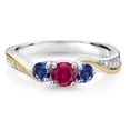 thumbnail image 3 of Gem Stone King 925 Silver and 10K Yellow Gold Red Created Ruby Blue Created Sapphire and White Lab Grown Diamond 3 Stone Engagement Ring for Women (0.56 Cttw, July Birthstone, Size 9), 3 of 6
