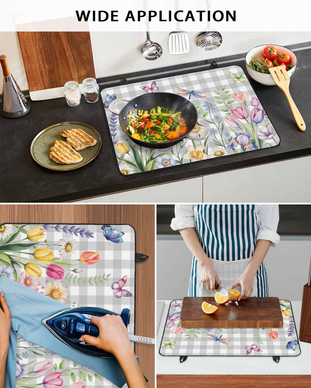 Large Induction Cooktop Protector Mat Wildflowers Stove Top Covers for Electric Stove, Spring Watercolor Tulip Floral Leaf Grey Plaid Decorative Stove Burner Cover Mats, Glass Top Stove Cover