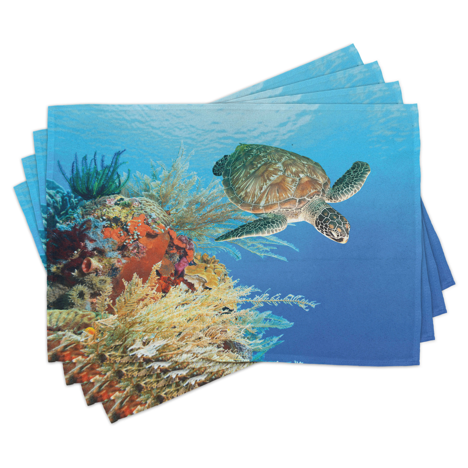 Turtle Placemats Set of 4 Colorful Underwater with Turtle Swimming