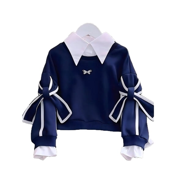 XXWXYD Girls Bow Crop Sweatshirt Crewneck Long Sleeve Drop Shoulder Pullover Top Teen Cute Trendy Fall Fashion Casual Oversized Streetwear Comfort Wear