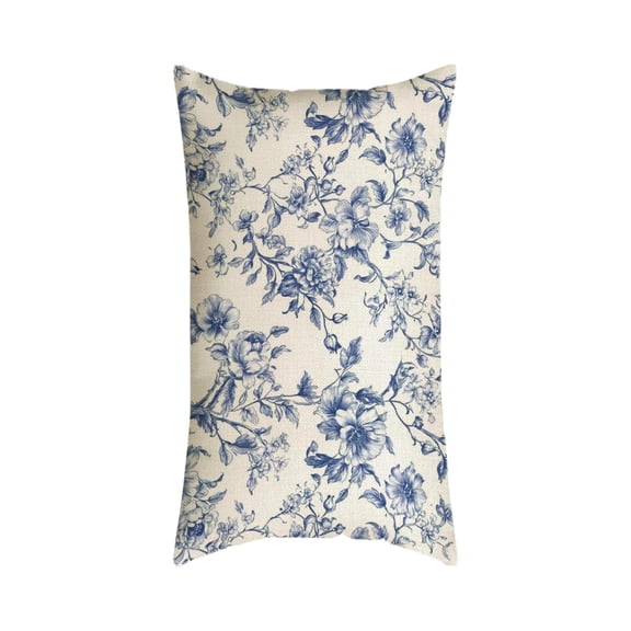 Blue Floral Toile Linen Lumbar Throw Pillow Cover - 12x20 Inch Decorative Cushion Case for Sofa, Bed, Living Room, Farmhouse Home Decor