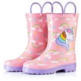 thumbnail image 2 of Puddle Play Waterproof Pink Unicorn Rubber Rain Boots Easy-On Handles - Size 4 Toddler, 2 of 6
