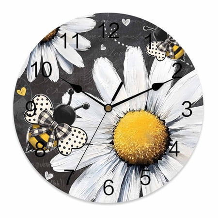 Wall Clock 10 Inch Vintage Farmhouse Round Silent Decorative Wall Clocks Battery Operated for Living Room Bedroom Kitchen Classroom Decor, Daisy Bee Blackboard White Yellow,Small