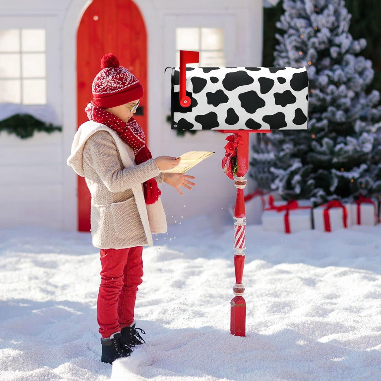 Cow Print Mailbox Covers Magnetic Black White Animal Print Mailbox Cover Wraps Standard Size 18"X21" Post Letter Box Cover Garden Decorations