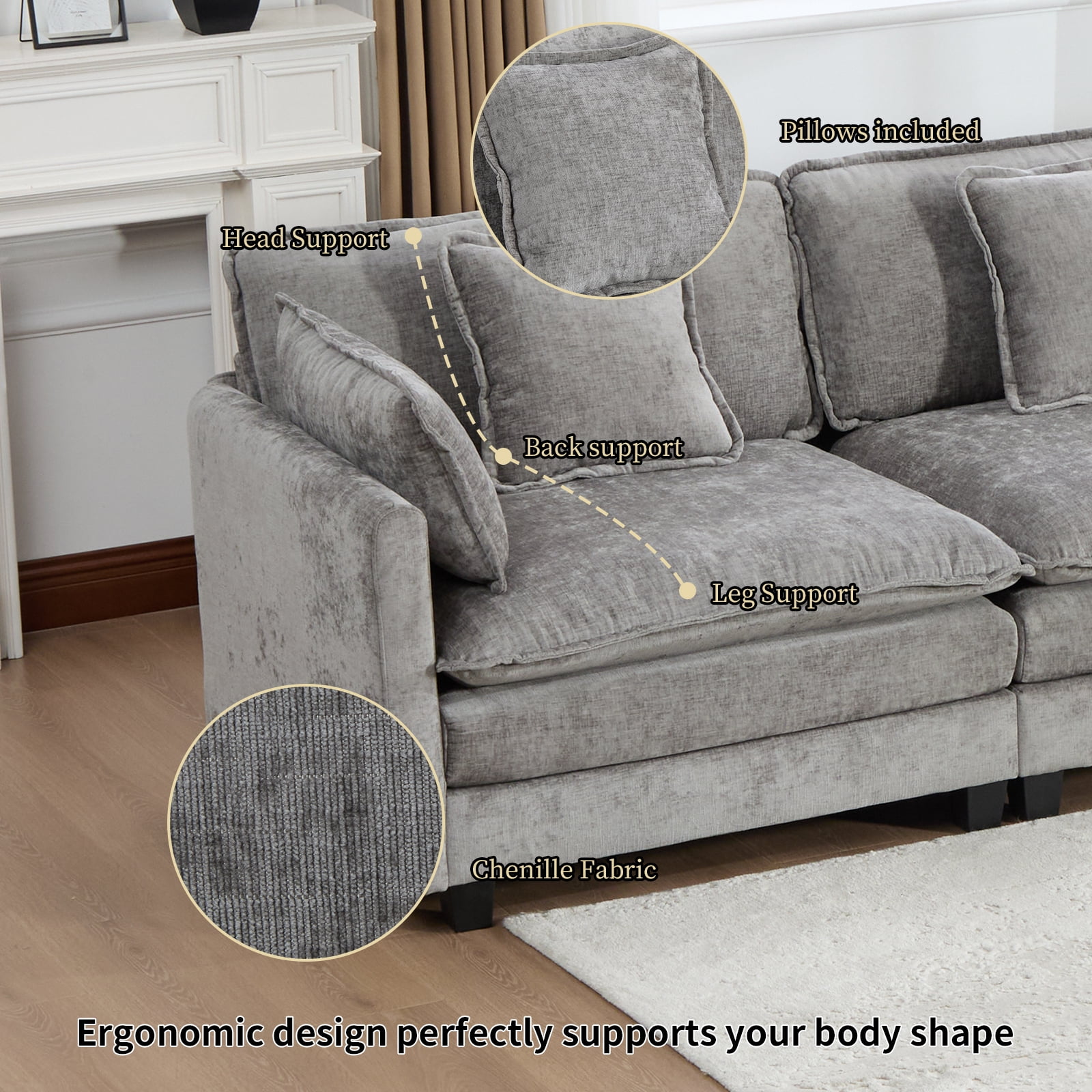 111.5” Gray Modular Sofa, 3 Seater U Shaped Chenille Sectional for Living Room, Cloud Couch with Ottoman, Sofá moderno
