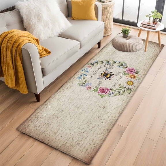 Spring Daisy 2'x6' Runner Rugs for Hallway Kitchen Bedside Non Slip, Pink Flowers Wreath Leaves Farmhouse Vintage Entryway Rug Runners with Rubber Backing, Long Carpet Runner for Laundry Room