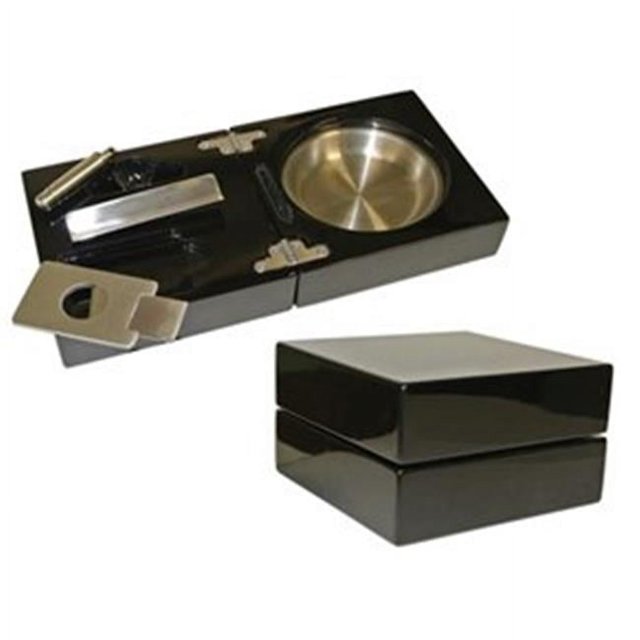 Visol VASH712 Bremen Black Lacquer Folding Cigar Ashtray with Cutter and Punch