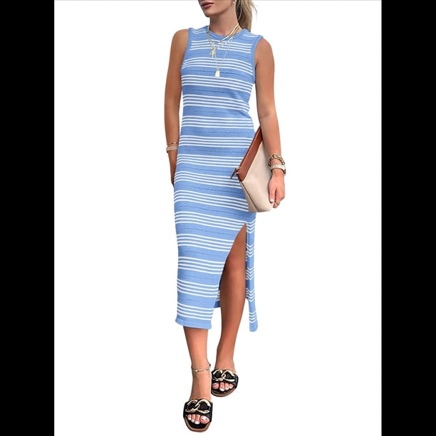 Vestidos de Verano 2025 para Mujer, Informales, Sin Mangas, de Punto Calado, con Abertura Lateral, A Rayas, Vestido Midi de Tirantes. Azul M