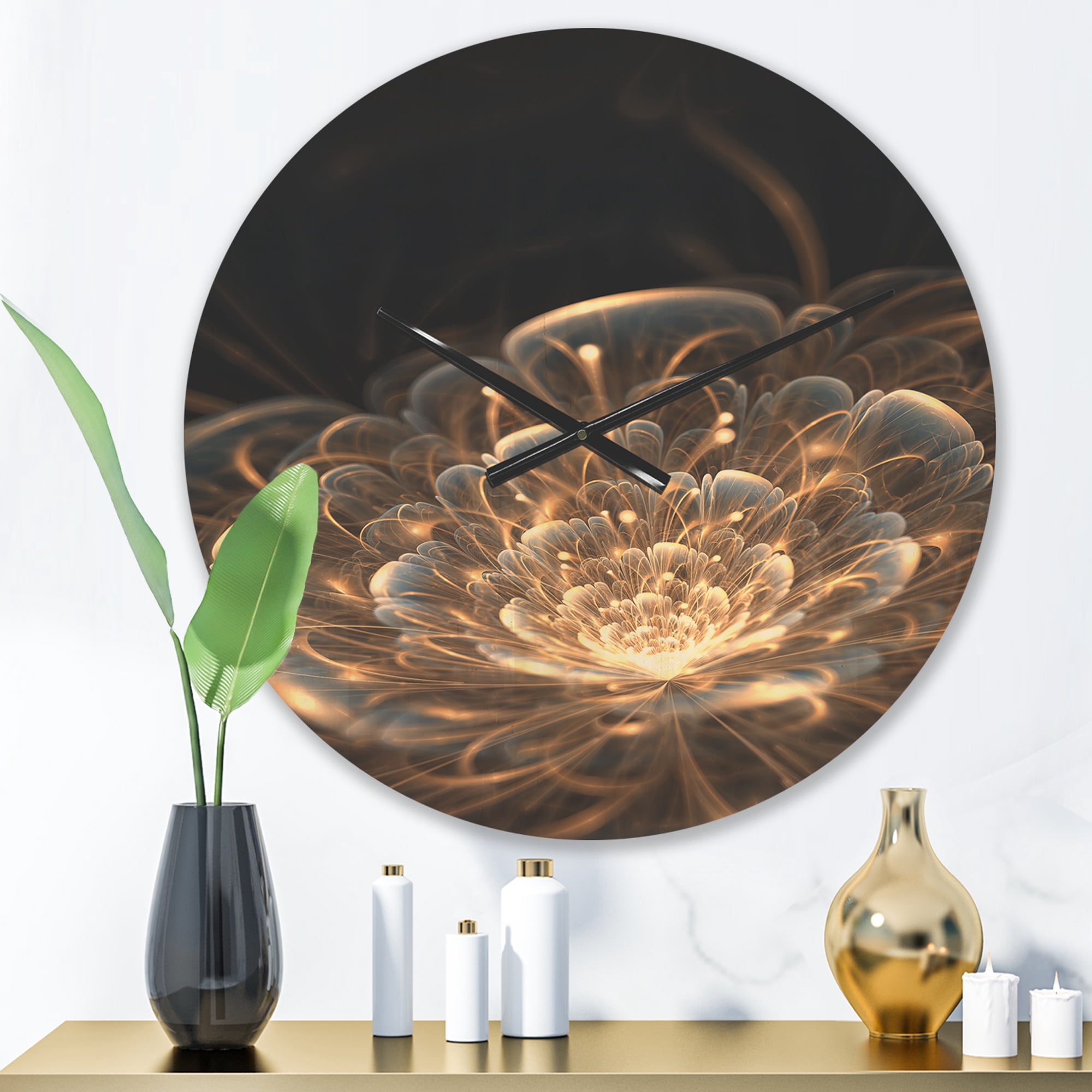 Designart 'Golden Rays With Fractal Flower' Modern Wood Wall Clock