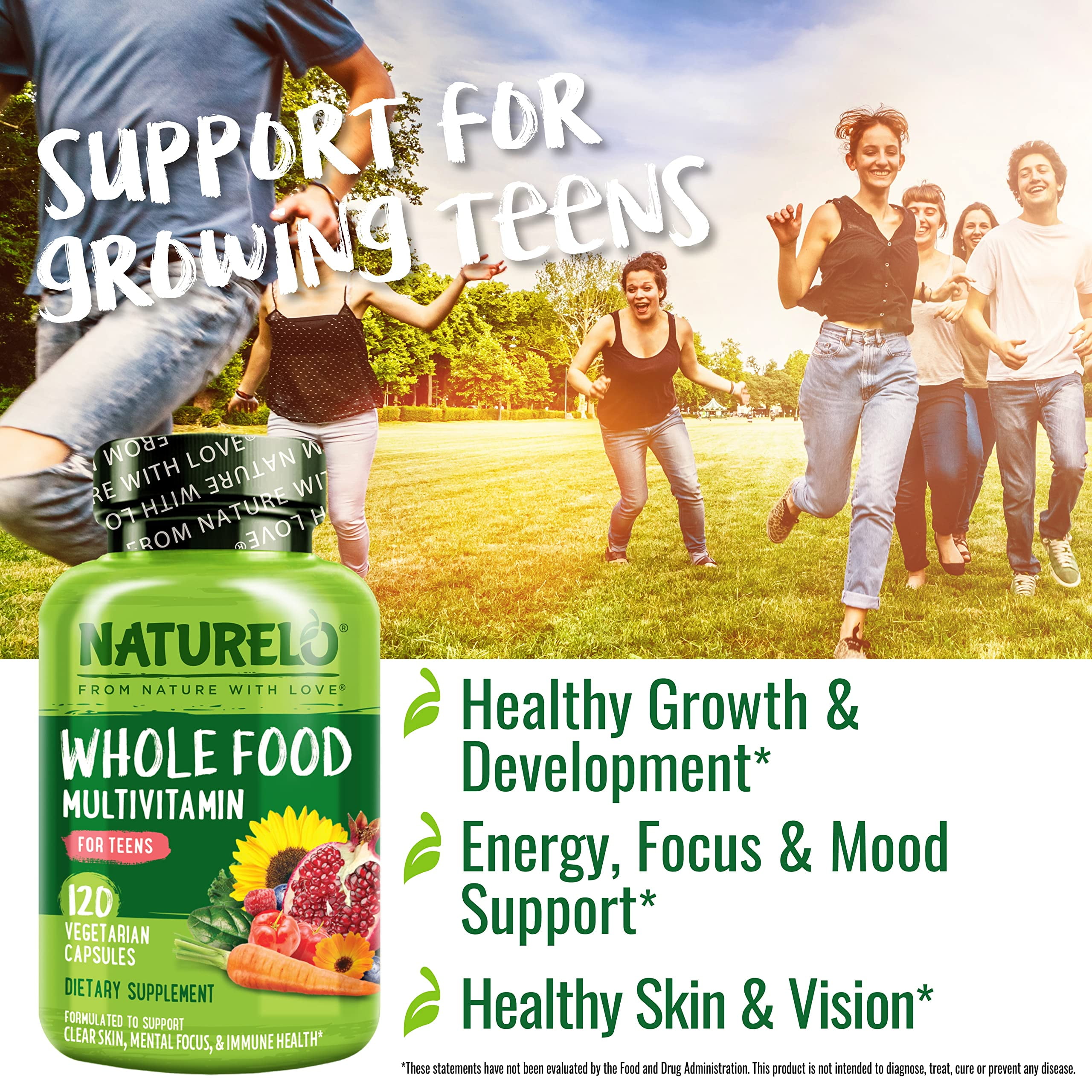 NATURELO Teen Multivitamin - Whole Food Multivitamin - with Minerals for Teenage Boys & Girls - Supplement for Active Kids - Non-GMO - Vegan & Vegetarian - 120 Capsules