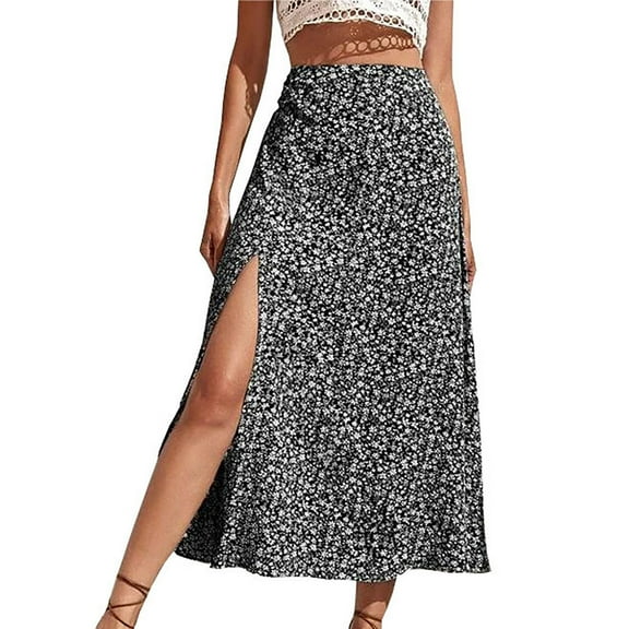 Pitauce Womens Boho Floral Print Long Skirt High Waisted Side Slit A-Line Skirt Beach Flowy Midi Wrap Skirts