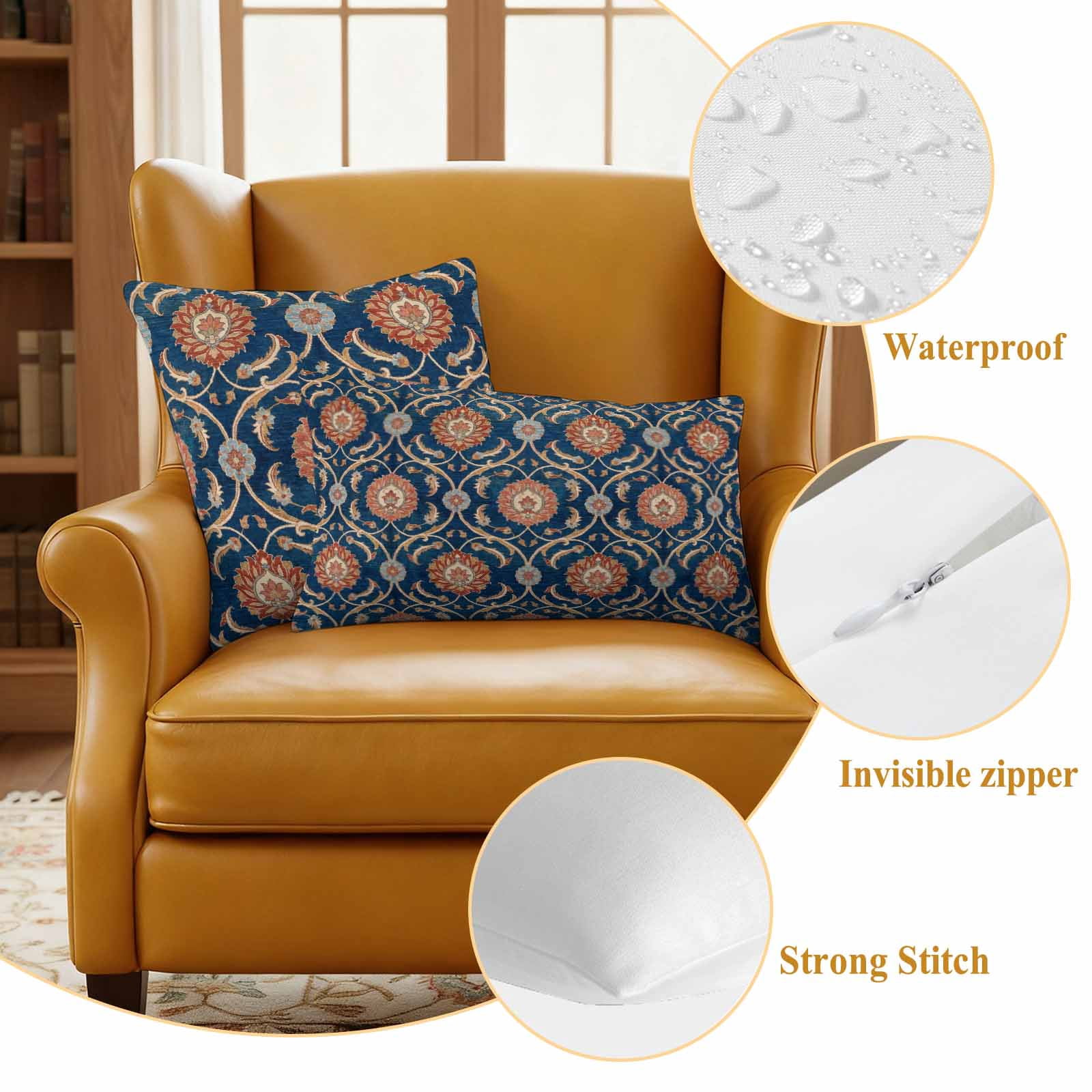 Flower Pattern Outdoor Pillow Covers Set of 2 Vintage Orange Classic Floral Country Navy Blue Waterproof Throw Pillow Cover Decorative Cushion Cases for Patio Porch Garden 20X20 Inch