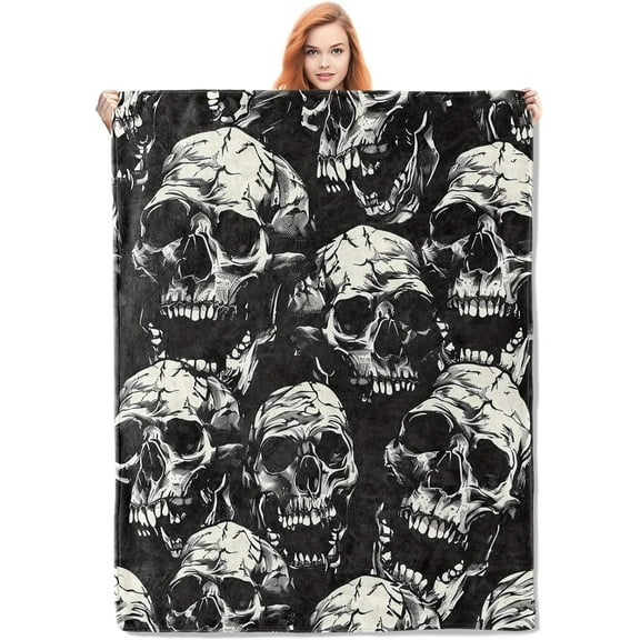 Skull Pattern Blanket, Gothic-Themed Fleece Throw with Detailed Skull Design, Soft Cozy Lightweight Blanket, for Halloween and Gothic Decor Enthusiasts, 50x60 in,Decor
