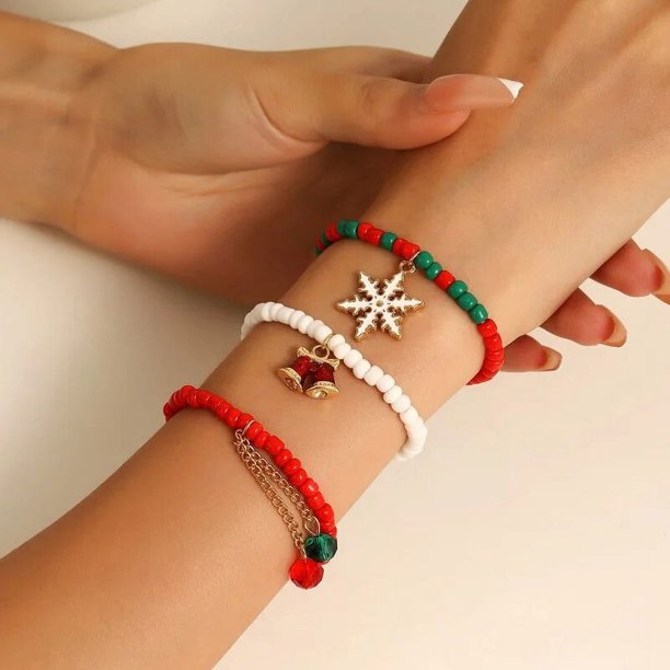 Pulsera de cuentas coloridas de Feliz Navidad para mujer, sombrero de alce de Papá Noel, brazaletes colgantes de campana de copo de nieve, joyería para festivales de Año Nuevo