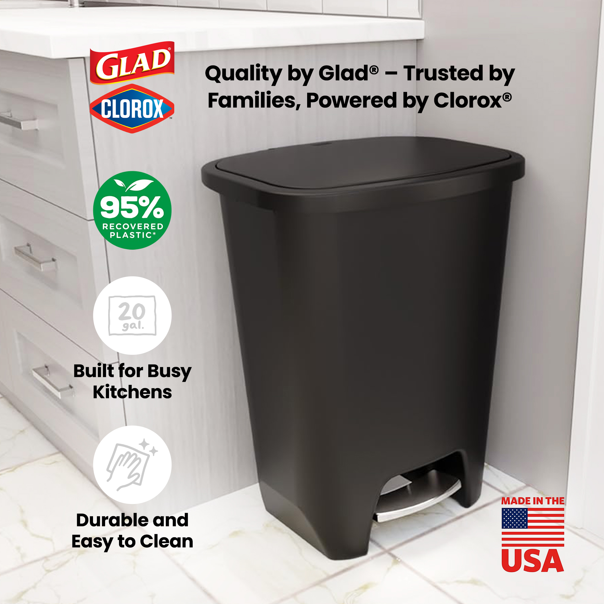 Glad Kitchen Trash Can with Lid, Stainless Foot Pedal and Garbage Bag Rings, 20 Gal, Black