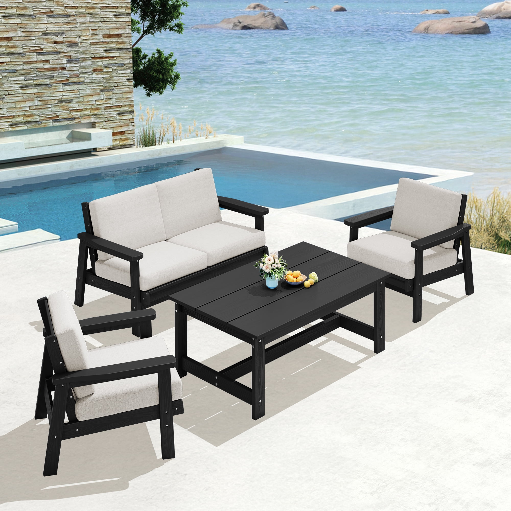 SERWALL Outdoor Patio Coffee Table, 37.8" x 22.8" HDPE Weatherproof, Black
