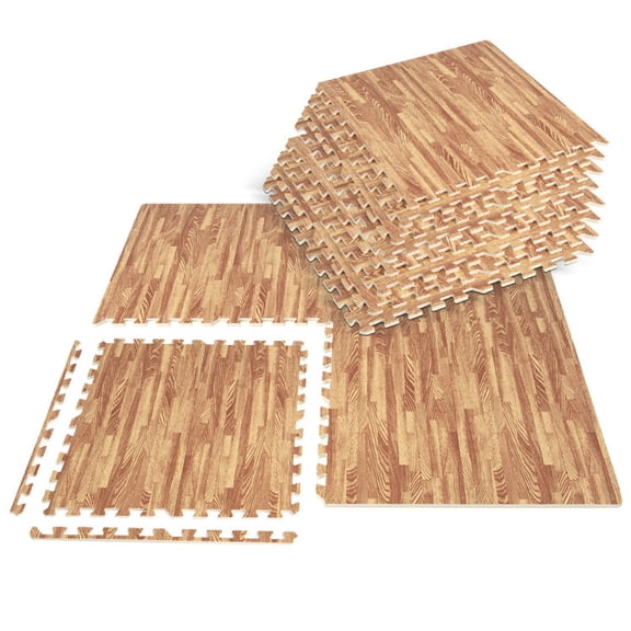 SUGIFT 25 Tiles Wood Grain Foam Floor Mats with Borders, Interlocking EVA Foam Flooring Tiles for Home Gym Playroom Garage, 100 Sq Ft, Brown,
