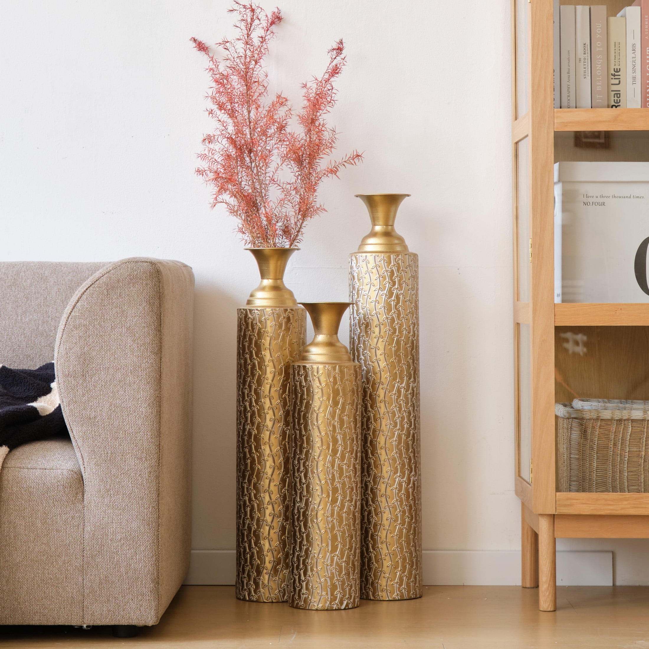 Noble House 3-Piece 33.86", 29.53", 24.8" Metal Floor Vases, Distressed Vine Pattern, Antique Gold