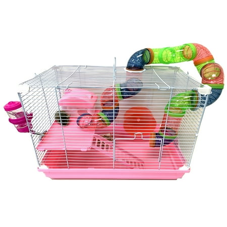 2-Tiers Hamster Cage Gerbil House Mouse Habitat Small Animal Critter Travel Carrier Expansion Outlet with Exercise Running Wheel, Play Tubes, Water Bottle and Food Bowl