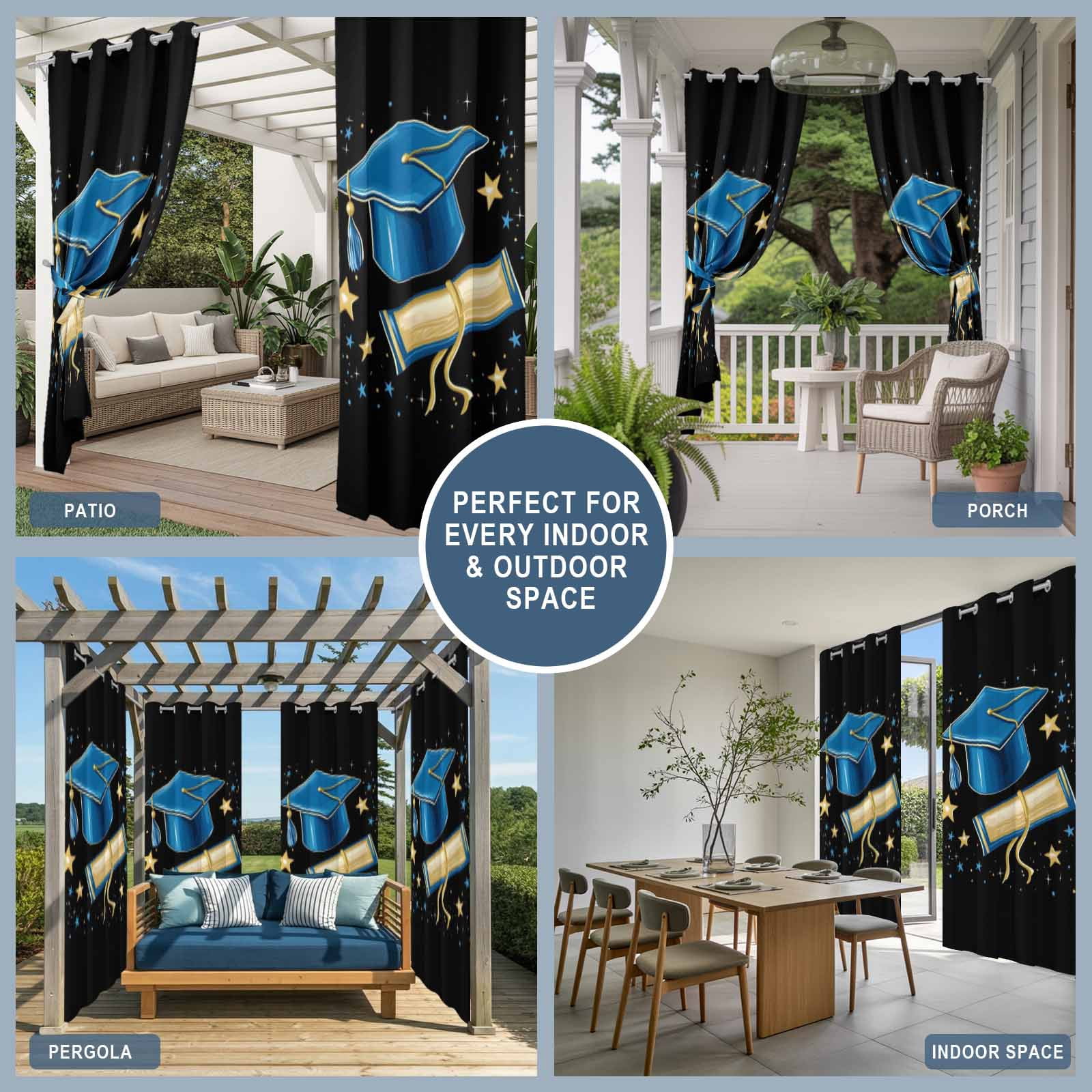 Blue Graduation Cap Outdoor Curtains for Patio, Diploma Yellow Sparkling Stars Abstract Tassels Black Sunshade Privacy Drapes Grommet Waterproof Outside Curtains for Porch Balcony 54"x108", 1 Panel
