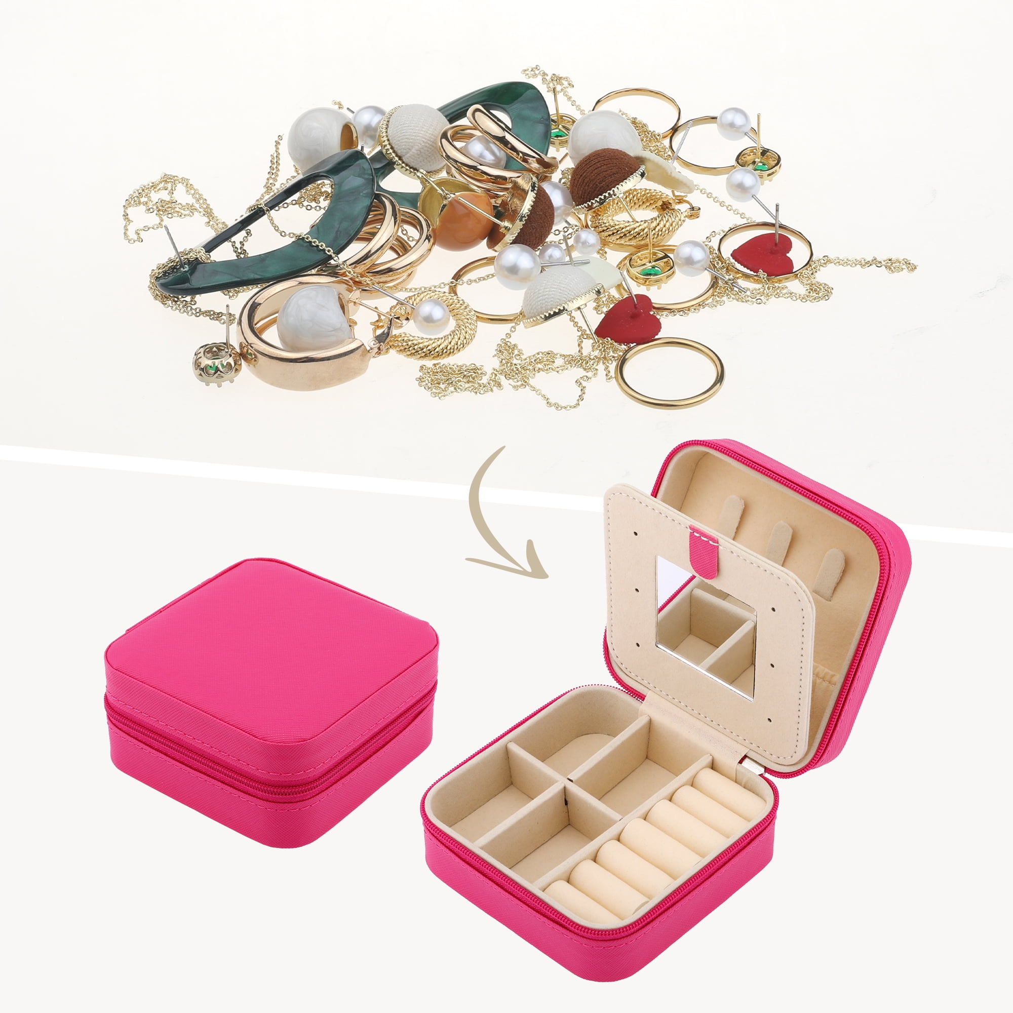 Unique Bargains Mini Travel Jewelry Box with Mirror Rose Red