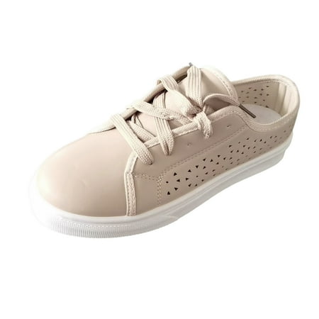 OJSFQUFP Womens Running Shoes Ladies Fashion Solid Color Breathable Hollow Leather Lace Up Flat Bottomed Casual Shoes Womens Flats Comfortable Dressy Beige 42
