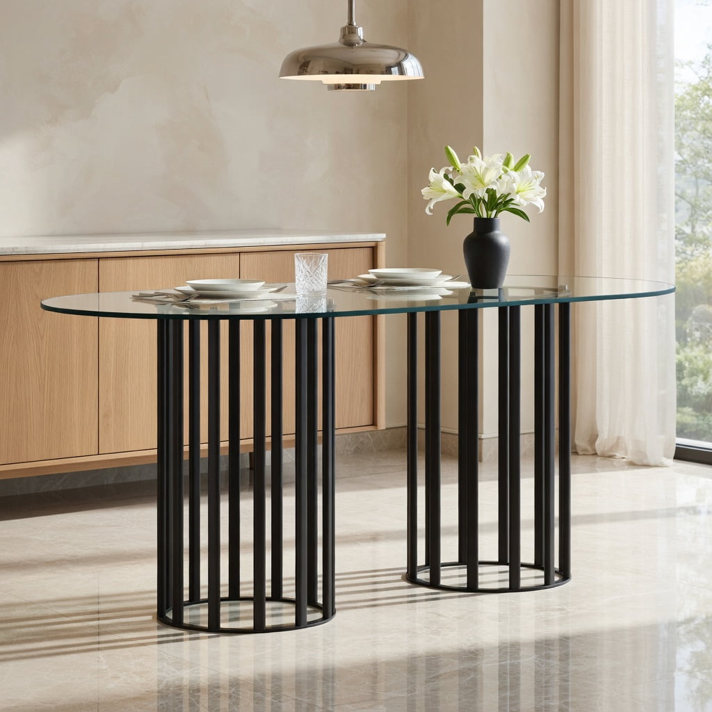Hommoo 71-inch Oval Tempered Glass Dining Table, Metal Double Column Base, Light Luxury Modern Design for 6-8 People, Scratch-Resistant & Easy-Clean Tabletop, Black