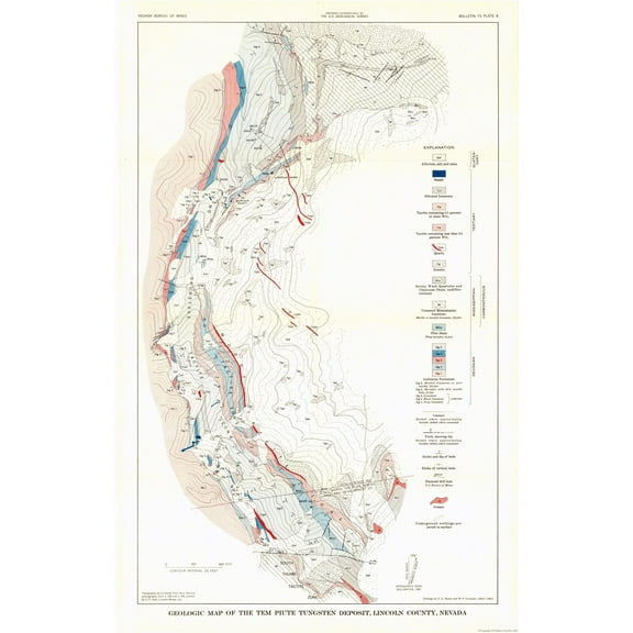 Historic Mine Map - Nevada Lincoln County Tungsten Mines - USGS 1942 - 23 x 35.94 - Vintage Wall Art