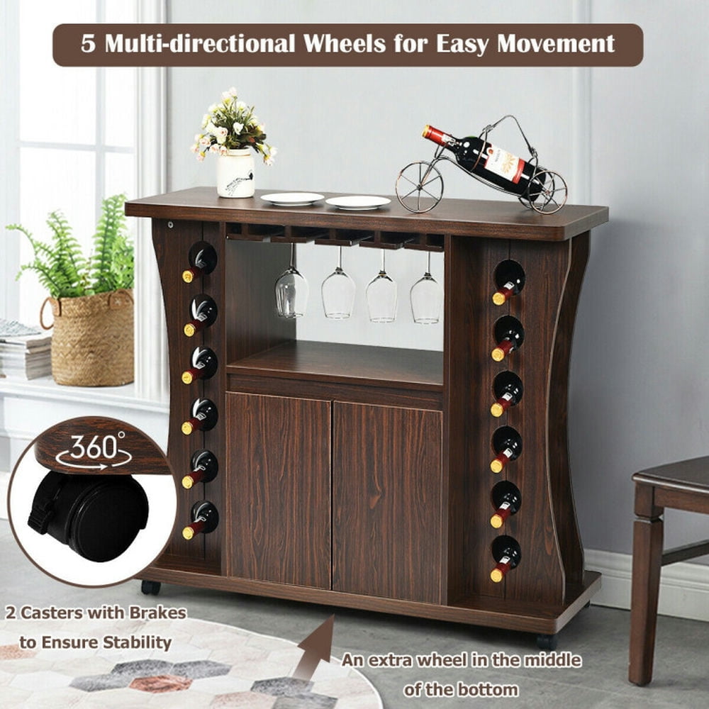 Finihen Rolling Storage Cabinet Cart, Kitchen Island Cart, Rolling Buffet Sideboard Wooden Bar Storage Cabinet, for Kitchen, Dining Room, Walnut Finihen Rolling Storage Cabinet Cart, Kitchen Island Cart, Rolling Buffet Sideboard Wooden Bar Storage Cabinet, for Kitchen, Dining Room, Walnut