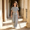 thumbnail image 2 of Girls 2 Piece Formal Outfits Peplum Vest & Elastic Waist Pleated Wide Leg Pants Elegant Kids Clothes Grey Size 5-7 Years, 2 of 6