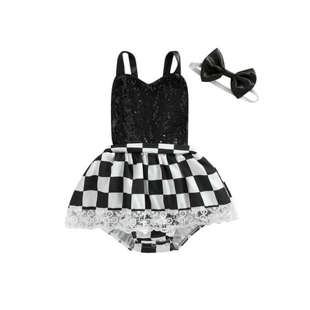 

CenturyX Newborn Baby Girl Dress Romper Plaid Halter Backless Sequin Decor Bodysuit Cute Headwear Set Black 0-6 Months