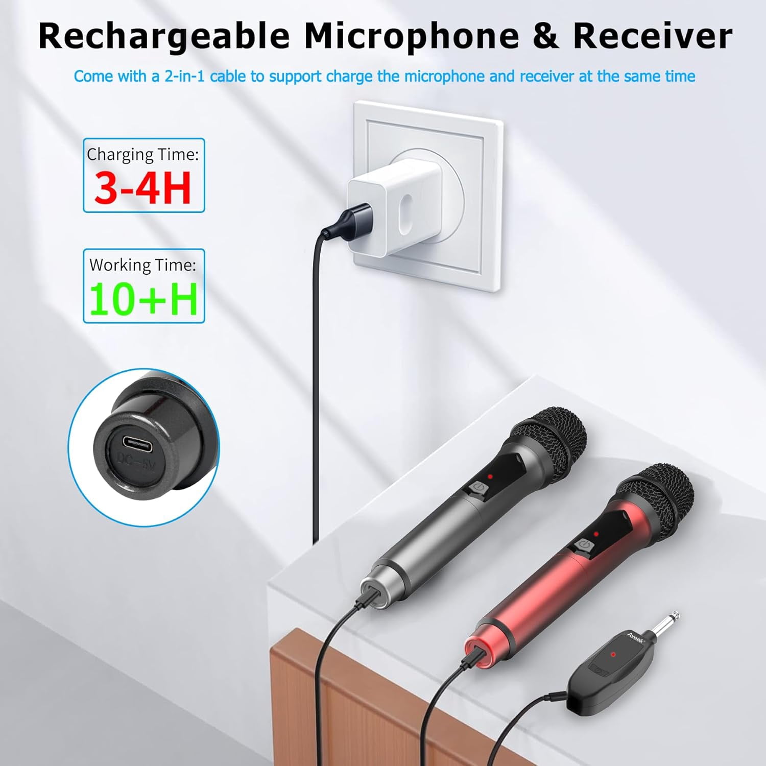 Aveek Wireless Microphone for Karaoke, Rechargeable  Microphone,for Speaker,Karaoke Machine,Speech,Wedding,Party Singing,Grey&Red,2 packs