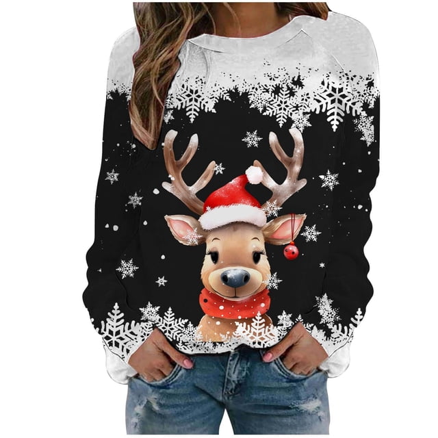2025 Chandails à Capuche pour Femmes Automne et Hiver Alien Femmes Flocon de Neige de Noël Imprimé Animal Alt Chandail en Molleton Surdimensionné Col Rond Épaule Long Chandail à Capuche de Noël Femmes Manches Chandail en Molleton de Sport Décontracté
