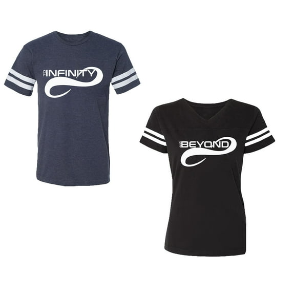 To Infinity And Beyond Unisex Couple Matching Cotton Jersey style T-Shirt Contrasting stripes on sleeves (Men Navy / Women Black) (Men S / Women S)