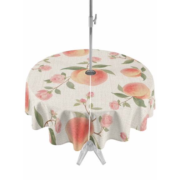Outdoor Tablecloth with Umbrella Hole for Patio/Picnic/Party/Camping, Peach Waterproof Table Cloth Round Cover Washable, Spring Floral Green Leaf Botanical Pink Fruit Rustic (Dia 54")