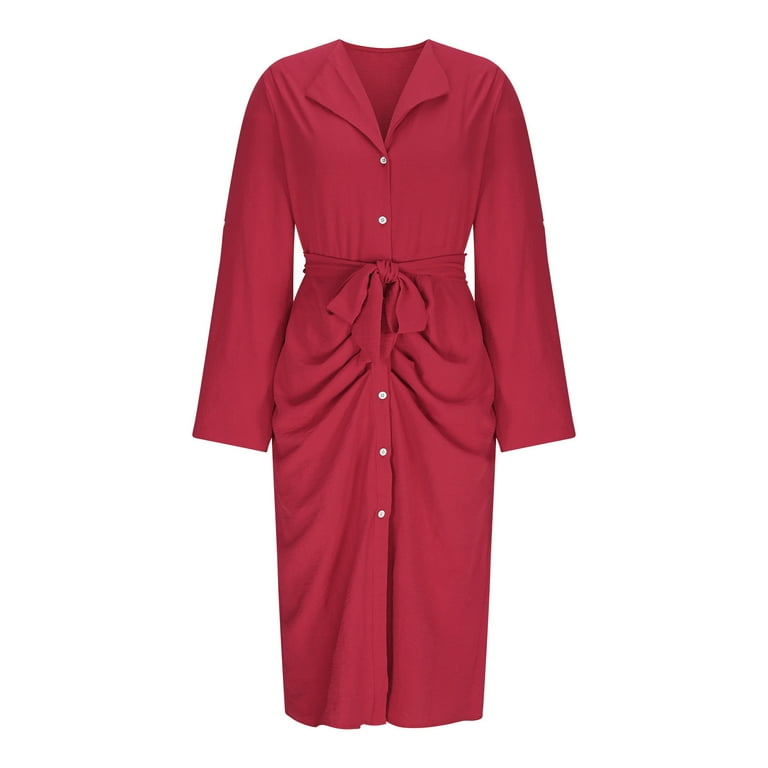 ZHYou Women Button Down Dresses V-Neck Three Quarter Sleeve Belted Waist Midi Dress Textured Stretchy Chic Skirts,Red,2XL - Walmart.com ZHYou Women Button Down Dresses V-Neck Three Quarter Sleeve Belted Waist Midi Dress Textured Stretchy Chic Skirts,Red,2XL - Walmart.com