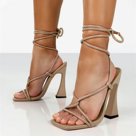 

HIBRO Ladies Fashion Summer Sexy Lace Up Chunky Heel Fashion High Heel Sandals