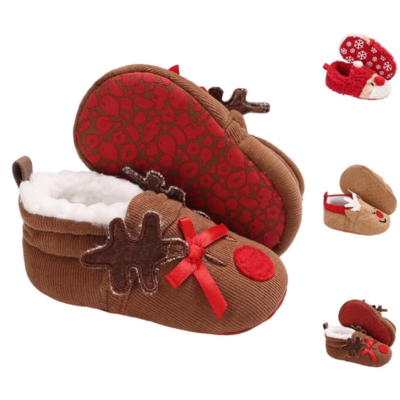 GPOECD Christmas Slippers Reindeer Decor Warm Lined Non- Sole Footwear for Baby Boys Girls Fuzzy Slippers Christmas Holiday