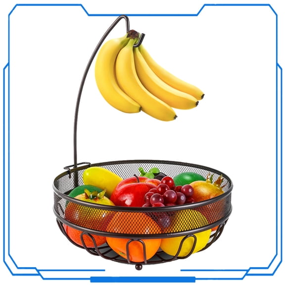 Auledio Fruit Basket Bowl with Banana Tree Hanger for Kitchen Counter, Bronze
